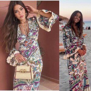 New Zara Blogger Favorites Printed Midi Ruffle Dress